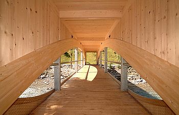 Pont en bois avec garde-corps en filet en acier inoxydable