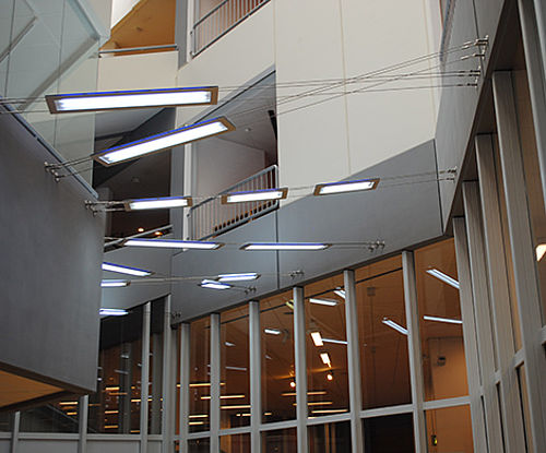 luminaires suspendus dans un hall avec câbles inox posilock